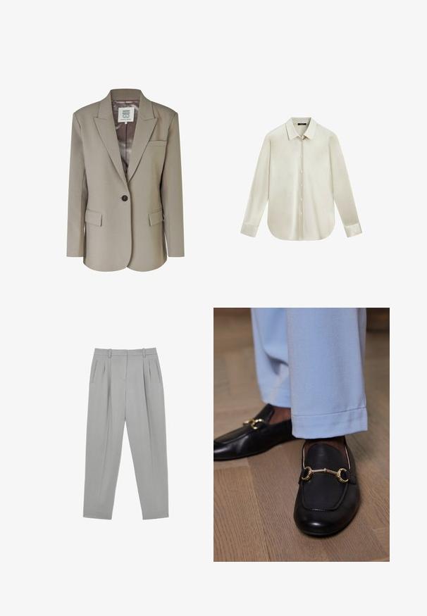 Beige blazer med nedskåret revers, enkel knaplukning, to frontlommer og en glat satinforing. Skræddersyet pasform med strukturerede skuldre.; Langærmet cremefarvet skjorte med knapper, spidse kraver og afrundet kant, vist på hvid baggrund.; Lysegrå formelle bukser med frontplisser, sidelommer, bæltestropper og en tilspidset benform.; Sorte læder loafers med guld metalbit detalje båret med lyseblå bukser på trægulv.