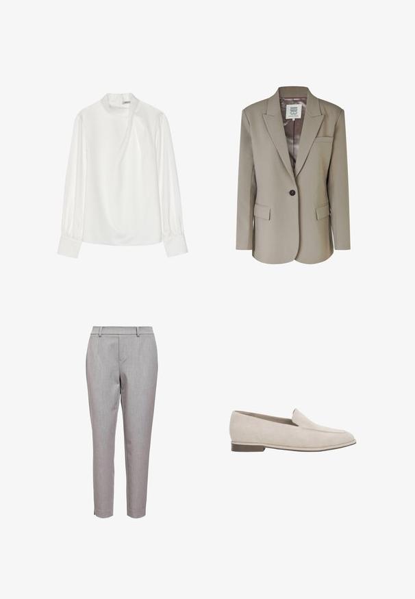 Beige blazer met een geknipt revers, enkele knoopsluiting, twee voorzakken en een gladde satijnen binnenvoering. Taillerende pasvorm met gestructureerde schouders.; Witte blouse met een hoge halslijn, lange pofmouwen en een ritssluiting aan de achterkant. Glad stof met een lichte glans en subtiele val.; Grijze op maat gemaakte broeken van een gestructureerde stof, met een platte voorkant, riemlussen en een cropped snit, afgewerkt met zijsplitten.; Beige suède instapper loafer met lage hak, puntige neus en minimale stiksel details aan de bovenzijde.