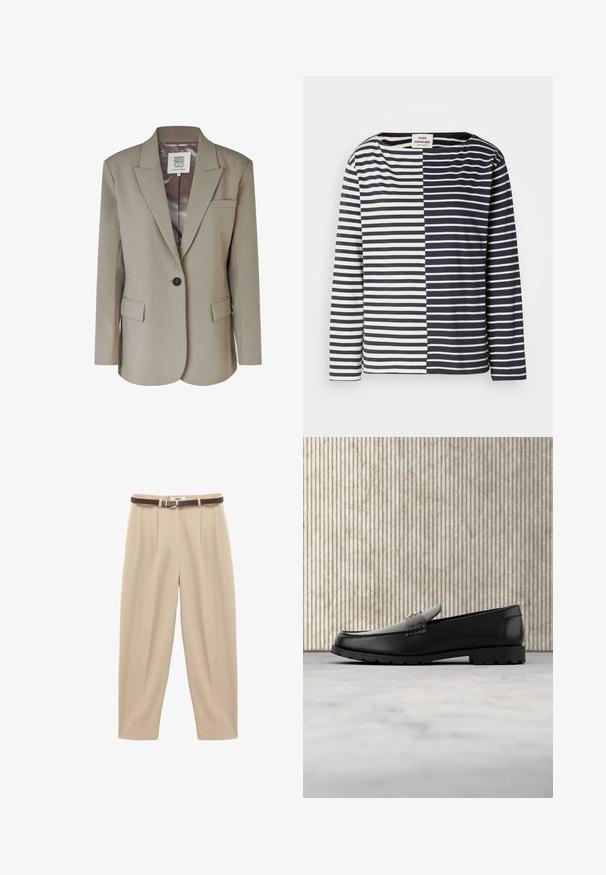 Beige Blazer mit Reverskragen, Ein-Knopf-Verschluss, zwei Vorderaschen und einem glatten Satin-Futter. Maßgeschneiderte Passform mit strukturierten Schultern.; Gestreiftes Langarmoberteil in einem Marineblau-Weiß-Farbschema, gefertigt aus weichem Stoff mit einem boxy Schnitt und einem weiten Ausschnitt.; Beige, hoch taillierte Hose aus glattem Stoff, mit einem braunen Gürtel und einer Metallschnalle sowie vorderen Falten für zusätzliche Struktur.; Schwarze Lederloafers mit einer hervorgehobenen Naht, goldenem Akzentlogo und strukturiertem Riemen. Mit einer dicken, strapazierfähigen Gummisohle.