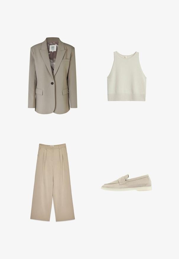 Beige blazer med nedskåret revers, enkel knaplukning, to frontlommer og en glat satinforing. Skræddersyet pasform med strukturerede skuldre.; Lysebeige cropped tanktop lavet af blødt materiale. Har rund hals, brede ærmegab og ribbet kant.; Beige viddebukser med frontfolder, sidelommer, bælteløkker og en skjult lukning foran.; Lys beige suede loafers med en lav hvid sål, afrundet tå og en syet rem henover toppen.