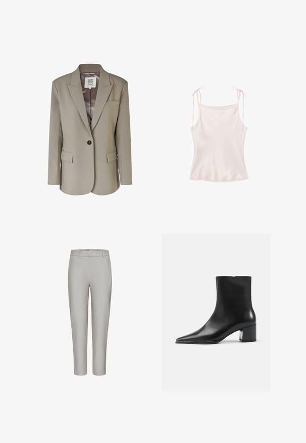 Beige Blazer mit Reverskragen, Ein-Knopf-Verschluss, zwei Vorderaschen und einem glatten Satin-Futter. Maßgeschneiderte Passform mit strukturierten Schultern.; Seidenzartes, hellrosa Camisole-Top mit dünnen Schulterriemen, die zu Schleifen gebunden sind, glatter Textur und leicht ausgestelltem Saum.; Hellgraue, zulaufende Hose mit glattem, strukturiertem Finish, ausgestattet mit einem Bund und ohne sichtbare Taschen.; Schwarze Lederschnürstiefelette mit spitzer Zehenform, glatter Textur und mittelhohem Blockabsatz. Minimalistisches Design, Reißverschluss hinten.