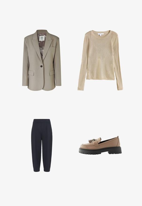 Beige blazer med nedskåret revers, enkel knaplukning, to frontlommer og en glat satinforing. Skræddersyet pasform med strukturerede skuldre.; Beige ribstrikket langærmet sweater med rund halsudskæring og slim fit, vist fladt med synligt mærke ved kraven.; Marineblå slanke bukser med elastisk talje, der har midterfold, en glat overflade og en ankellang længde.; Beige læder loafers med frynseaccent, der har en kraftig sort platformssål og tekstureret overflade, designet til komfort og stabilitet.