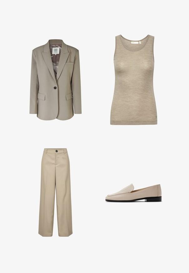 Beige blazer med nedskåret revers, enkel knaplukning, to frontlommer og en glat satinforing. Skræddersyet pasform med strukturerede skuldre.; Beige ærmeløs tanktop lavet af blød, tekstureret stof, med en rund halsudskæring og et let figursyet design med minimale syningdetaljer.; Beige højtaljede bukser med brede ben, en enkelt frontknap, bæltestropper og pressede folder. Glat tekstur og skræddersyet silhuet.; Beige læderloafers med en glat tekstur, rund tå og minimal syning. Med en lav sort hæl og slip-on design.