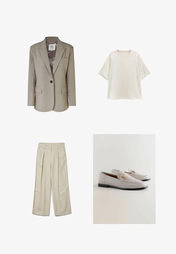 Beige blazer med nedskåret revers, enkel knaplukning, to frontlommer og en glat satinforing. Skræddersyet pasform med strukturerede skuldre.; Enkelt lysebeige T-shirt med kortærmet rund hals og afslappet pasform, vist fladt på en hvid baggrund.; Beige vide bukser med høj talje, der har frontfolder og en glat tekstur. Skræddersyet design med bæltestropper og ingen synlige lommer.; Lys grå læder loafers med spids tå, der har en guldtonet metalaccent og en lav sort hæl. Glat tekstur, minimalistisk design.