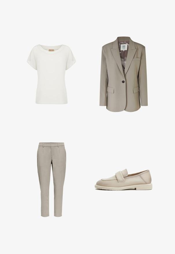 Beige blazer med nedskåret revers, enkel knaplukning, to frontlommer og en glat satinforing. Skræddersyet pasform med strukturerede skuldre.; Hvid kortærmet dametop med rund halsudskæring og en lille beige label indeni kraven.; Lysegrå, slim-fit bukser med bæltestropper, sidelommer og lige ben mod en hvid baggrund.; Beige læder loafers med en jævn tekstur, der har et forhøjet bånd over forgabreren og en lav, flad gummisål.