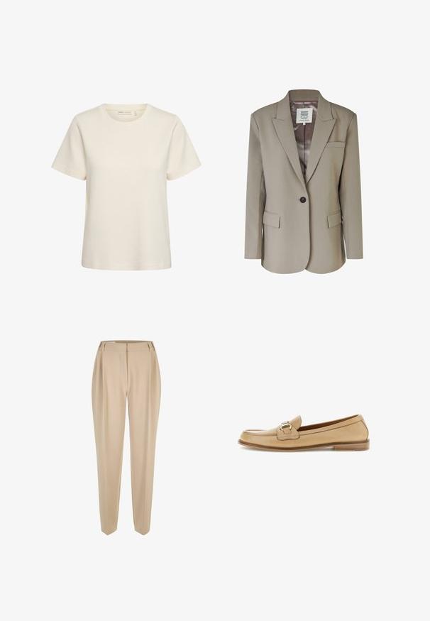 Blazer beige avec un col cranté, fermeture à un bouton, deux poches avant et une doublure intérieure en satin lisse. Coupe ajustée avec des épaules structurées.; T-shirt manches courtes couleur crème avec un col rond et un design simple et uni sur fond blanc.; Pantalons beiges sur mesure avec passants de ceinture, jambes droites et fermeture cachée à l'avant, présentés sur fond blanc.; Mocassin en cuir beige avec un détail de boucle en métal doré, talon en bois bas et bout carré arrondi, présenté de profil sur fond blanc.