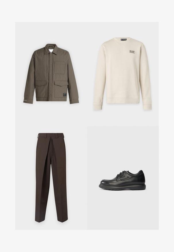 Chaqueta marrón acolchada con botones de presión delanteros, tres bolsillos delanteros incluyendo uno en el pecho y un cuello, mostrada extendida sobre un fondo blanco.; Sudadera de manga larga color crema con textura acanalada y logo EA7 Emporio Armani en el pecho izquierdo y en el interior del cuello.; BLUEMARBLE WORK PANT - Pantalones - brown; Zapato de vestir para hombres, negro, de piel con cordones, suela gruesa y logotipo en el costado, mostrado en perfil lateral sobre fondo neutro.