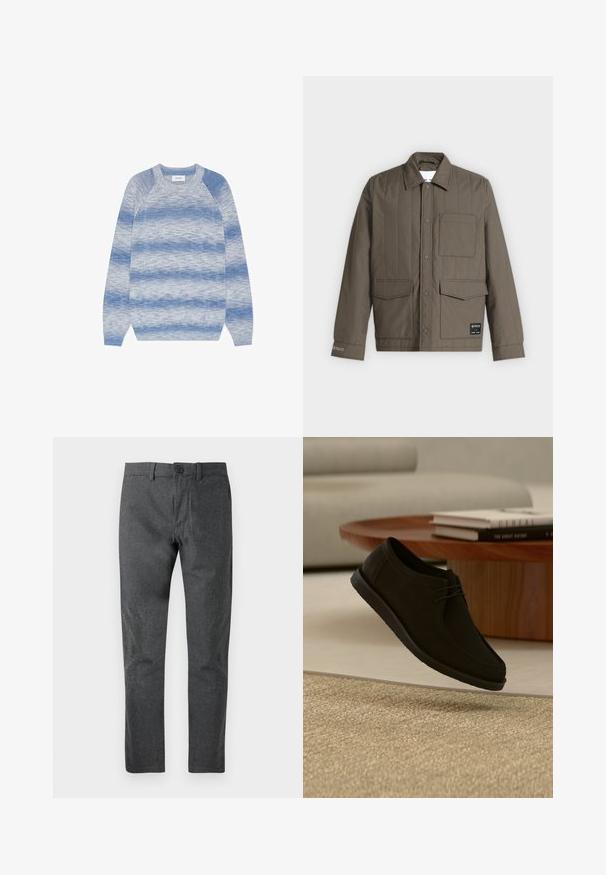 Veste matelassée marron avec boutons-pression à l'avant, trois poches avant dont une poche poitrine, et un col, présentée à plat sur fond blanc.; Pull à manches longues col rond avec des rayures horizontales bleu et gris marbré, poignets et ourlet côtelés, posé à plat sur fond blanc.; Pantalons sur mesure gris foncé avec une texture subtile, coupe droite, fermeture à bouton et passants de ceinture. Fini lisse, adapté à une tenue formelle ou décontractée.; Chaussure noire en cuir à lacets flottant au-dessus d'un tapis beige texturé, avec une table ronde en bois et des livres empilés en arrière-plan en léger flou.