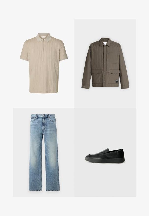 Veste matelassée marron avec boutons-pression à l'avant, trois poches avant dont une poche poitrine, et un col, présentée à plat sur fond blanc.; Polo beige à manches courtes avec une texture côtelée verticale et une courte fermeture éclair devant sous le col.; Jean droit en denim bleu clair avec taille haute, cinq poches, fermeture à boutons et léger délavage sur les cuisses et les genoux.; Calvin Klein HYBRID CUP - Chaussons - triple black