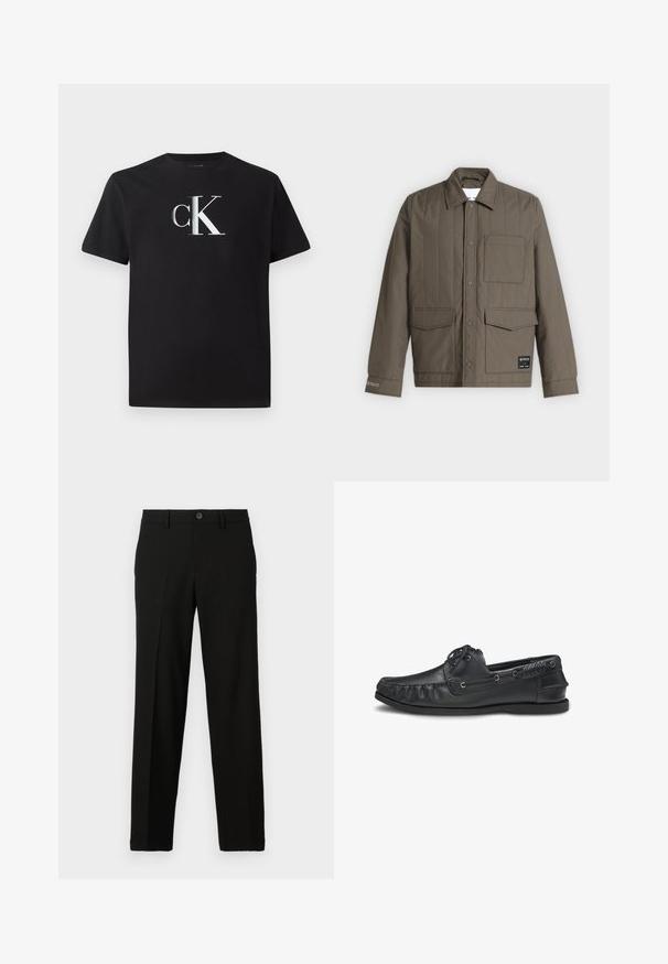 Braune gesteppte Jacke mit Druckknöpfen vorne, drei Fronttaschen inklusive einer Brusttasche und einem Kragen, flach auf weißem Hintergrund dargestellt.; Schwarzes Baumwoll-T-Shirt mit einem silbernen "ck"-Logo auf der Vorderseite. Kurzärmlig und mit einem runden Halsausschnitt in regulärer Passform.; Schwarze Hose aus glattem Stoff, mit geradem Schnitt, einem Knopfverschluss an der Taille und ohne sichtbare Muster oder Akzente.; Schwarzer Mokassin-Loafer aus Leder mit Schnürdetail und Gummisohle, Seitenansicht.