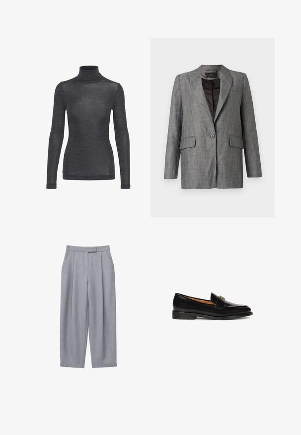 Grijze visgraatblazer met ingesneden revers, enkele knoopsluiting, twee voorzakken en een gladde binnenvoering.; Langharige turtleneck top in donkergrijs, met een zachte textuur en een subtiele glans, in een getailleerde pasvorm.; Grijze broek met een op maat gemaakt ontwerp, voorzien van plooien, zijzakken en een rechte pijp. Gladde textuur en een middenhoog tailleband.; Zwarte leren instapper met een ronde neus, slanke silhouet en een decoratieve band met metalen accent op de wreef. Platte rubberen zool.