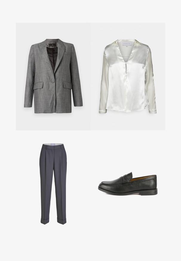 Grauer Fischgräten-Blazer mit gekerbtem Revers, Ein-Knopf-Verschluss, zwei Vordertaschen und einem glatten Innenfutter.; STUDIO ID ALYSSA - Bluse - champagne; Dunkelgraue Tailor-Hosen mit geradem Bein, gefalteter Vorderseite und umgeschlagenen Säumen. Hergestellt aus glattem Stoff und mit einem klassischen Bund versehen.; Schwarze Leder-Lederschuhe mit glatter Oberfläche, die ein erhöhtes Riemen-Detail über dem Vorderblatt und einen niedrigen, flachen Absatz aufweisen.
