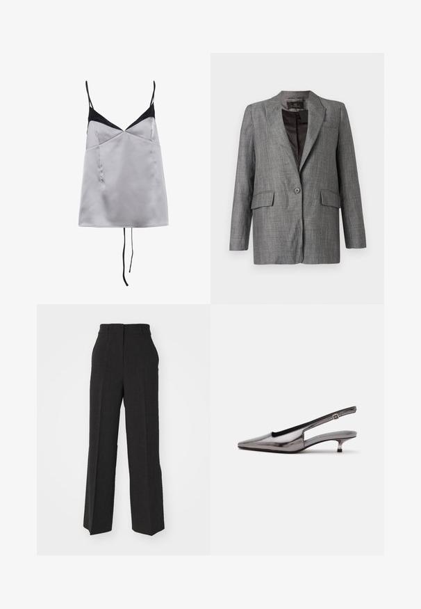 Grå sildbenmønstret blazer med hakkede revers, enkeltknapslukning, to forlommer og en glat inderforing.; Satin cami i lys grå med sorte accenter og tynde stropper. Har en V-hals, glat tekstur og en afslappet pasform.; Mørkegrå bukser i et skræddersyet, bredt ben-design. Har et tekstureret stof, bæltestropper og en mid-rise talje. Ren, lige kant.; Metalgrå spids slingback-sko med lav kittenhæle og justerbar rem på hvid baggrund.