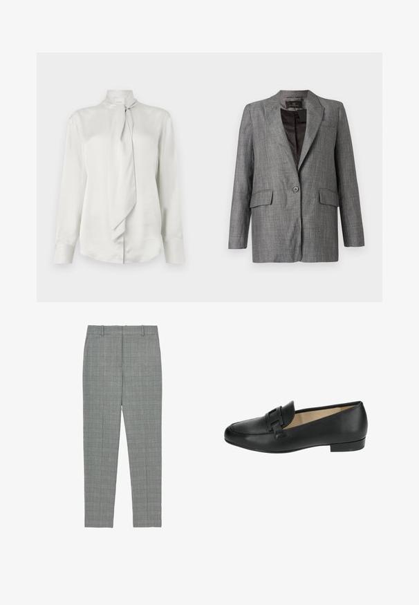 Grå sildbenmønstret blazer med hakkede revers, enkeltknapslukning, to forlommer og en glat inderforing.; Hvid langærmet bluse med høj krave og en foran knyttet tørklæde-detail, fremstillet af et glat satinlignende stof.; Grå ternede tapered bukser med bæltestropper og flad front, designet til en skræddersyet pasform.; Sort læder loafersko med en rund tå, der har en dekorativ spænde foran og en lav, rund hæl. Glat tekstur over det hele.