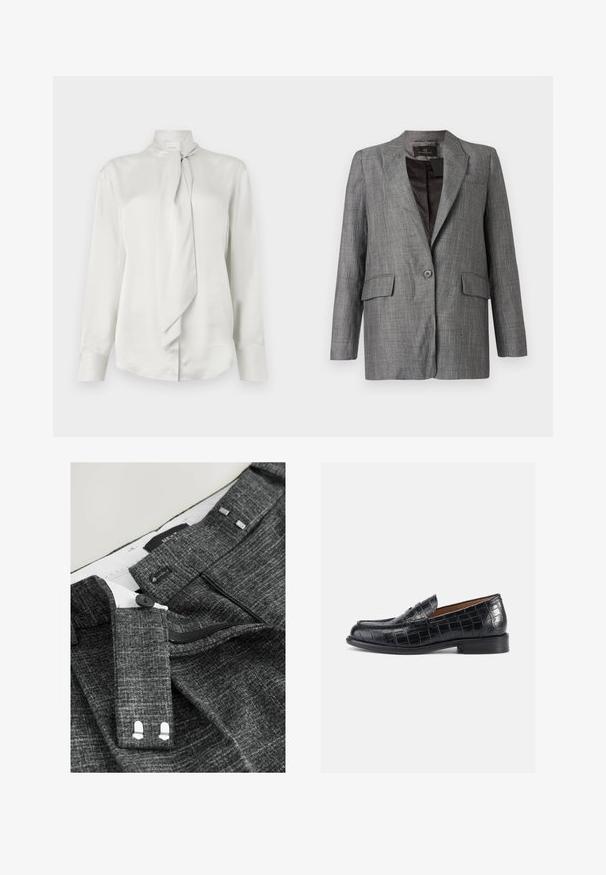 Grijze visgraatblazer met ingesneden revers, enkele knoopsluiting, twee voorzakken en een gladde binnenvoering.; Witte blouse met lange mouwen en hoge hals, met een voorzijde die is afgewerkt met een gestrikte sjaaldetail, gemaakt van een gladde satijnachtige stof.; Grijze, gestructureerde broeken hebben een knoopsluiting, rits en stoffen riemlussen, met een witte voering en uitgesproken stikdetails.; Zwarte loafers van leer met krokodillenprint, voorzien van een afgeronde neus, instapmodel en een lage, stevige hak. Soepele textuur en subtiele glans.