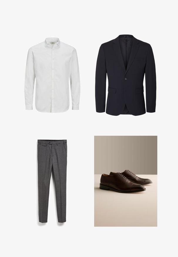 Sort herreblazer med en enkelt knap, notch revers, brystlomme og to forlommer med klap, vist på hvid baggrund.; Hvid, langærmet skjorte med knaplukning lavet af bomuld, med klassisk krave, lige snit og subtil struktur. Standard knaplukning.; Grå skræddersyede bukser med et struktureret stof, frontlomme og lige ben design. Har en knaplukning i taljen.; Par mørkebrune læder oxford sko med snørebånd og cap toe detalje på en neutral overflade og baggrund.
