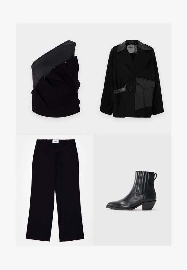 Manteau en mélange de laine noire avec col orné de cuir, devant asymétrique, poche latérale et une sangle en cuir avec anneau métallique.; Haut asymétrique noir avec un panneau en cuir lisse et un tissu tricoté texturé, doté de détails froncés et de boutons-pression.; Pantalons larges noirs en tissu lisse. Dotés d'une taille plate avec passants de ceinture et d'une finition soignée aux ourlets.; Bottine noire en cuir avec panneaux latéraux élastiques, bout pointu et talon bloc. Texture lisse et design épuré mettent en valeur son style moderne.