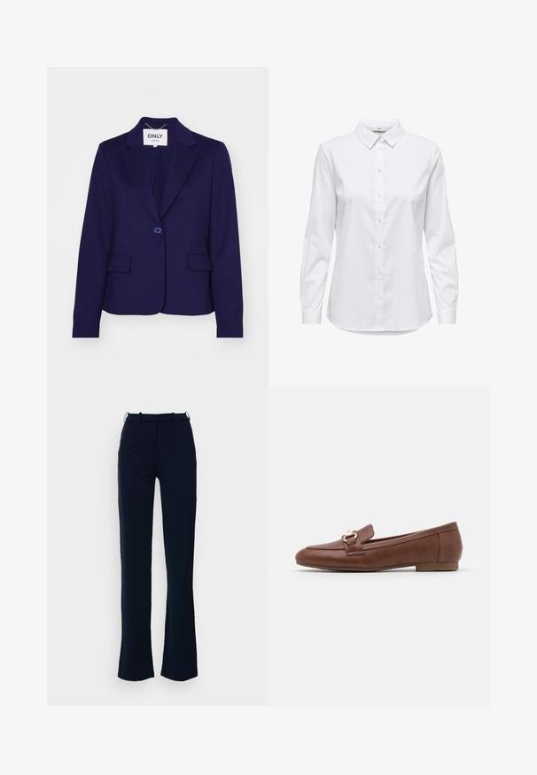 Navyblauwe blazer van gladde stof, met een enkele knoopsluiting, twee voorzakken en ingesneden revers. Het label binnenin zegt "ONLY."; Witte overhemd met lange mouwen, gestructureerde kraag en afgeronde zoom. Gemaakt van een gladde, effen stof zonder zichtbare patronen of accenten.; Marineblauwe broek met een rechte pijpdesign, gemaakt van een gladde stof, voorzien van ri loopjes en een ritssluiting aan de voorkant.; Bruine leren instappers met een platte zool, een gestikt ontwerp en een detail met goudkleurige gesp op de band over de wreef.