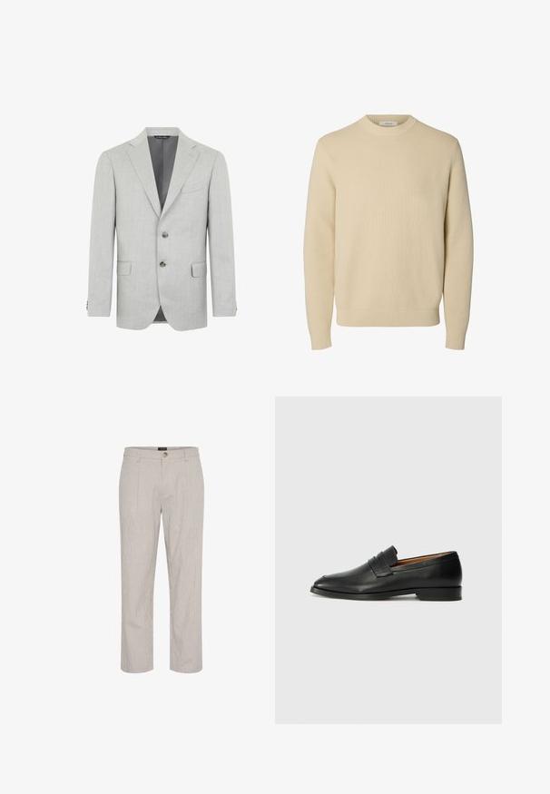Lichtgrijze blazer van textuurstof, met een enkelvoudige knoopsluiting, revers, twee voorzakken en een twee-knoopsluiting.; Effen beige ronde hals gebreide trui met lange mouwen en geribde boorden en zoom.; Lichtgrijze gestreepte broek, recht gesneden ontwerp, met een enkele knoopsluiting in de taille en twee voorkanten zakken. Gladde textuur.; Zwarte leren instapper met een ronde neus, subtiele stikdetails en een lage hak, met een gladde textuur en een minimalistisch ontwerp.