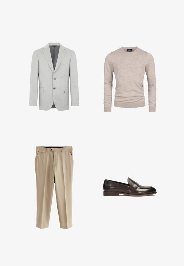 Lichtgrijze blazer van textuurstof, met een enkelvoudige knoopsluiting, revers, twee voorzakken en een twee-knoopsluiting.; Beige gebreide trui met lange mouwen, ronde halslijn, geribbelde manchetten en zoom, gemaakt van een zacht en lichtgewicht stof.; Beige broek van soepel materiaal, met een flat front, zijzakken en één achterzak. Standaard tailleband met een knoopsluiting.; Donkerbruine leren loafers met een ronde neus, verhoogde stiksels en een lichte hak. Gladde textuur en klassiek ontwerp.