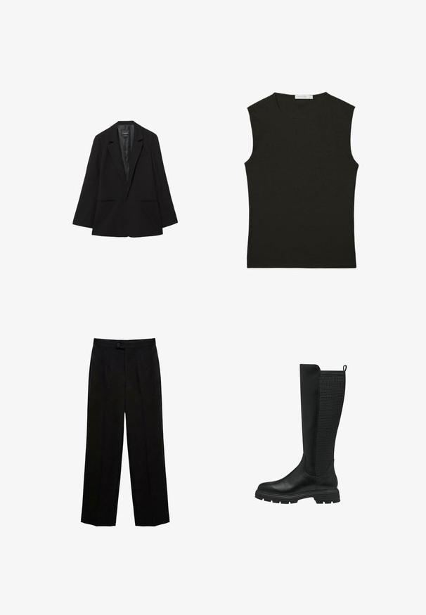 Sort enkeltknappet blazer med hakkede revers, to forlommer og en glat satinforing indvendigt.; Sort ærmeløs top lavet af glat stof; tætsiddende design med rund halsudskæring; ingen synlige mønstre eller detaljer.; Sorte bukser med lige ben, knap og lynlås, høj talje og forreste pressede folder.; Sorte knæhøje støvler med en glat læderforside og et struktureret mesh-panel bagpå, med en gummisål og en pull-tab for nem påføring.