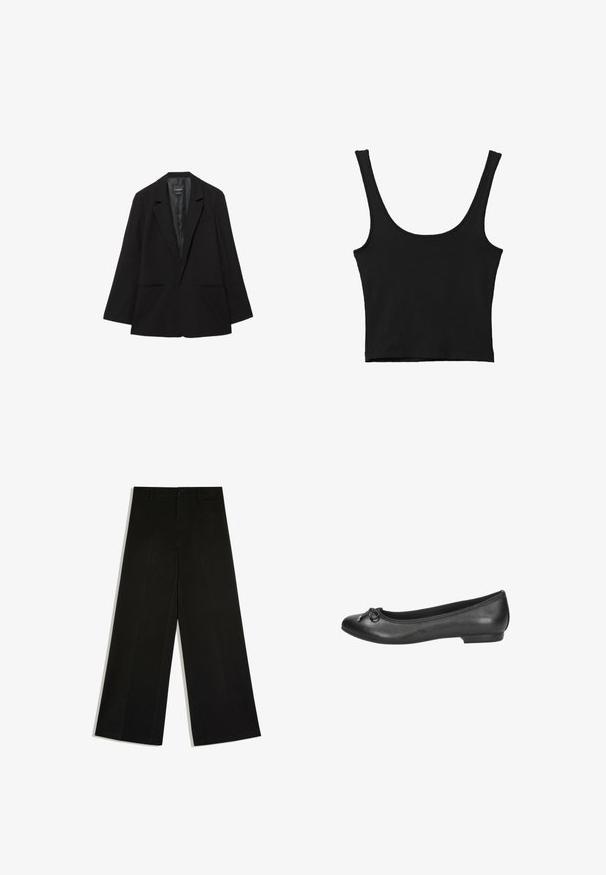 Blazer noir simple boutonnage avec revers crantés, deux poches avant et une doublure intérieure en satin lisse.; Débardeur noir court avec de larges bretelles, fabriqué à partir d'un matériau doux, présentant une texture lisse et un design minimaliste.; Pantalon noir à jambes larges avec passants de ceinture, fermeture devant par bouton et zip, posé à plat sur fond blanc.; Marco Tozzi Ballerines - zwart