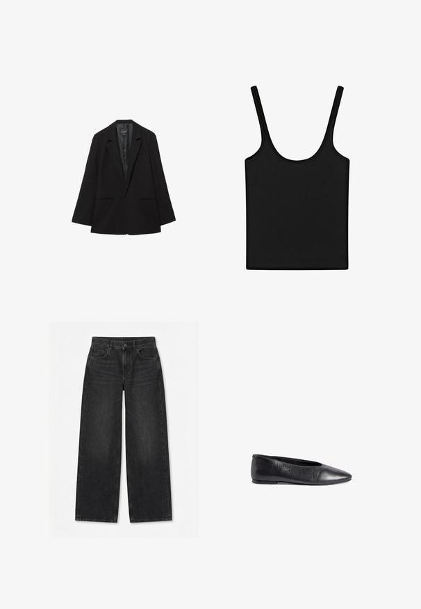 Sort enkeltknappet blazer med hakkede revers, to forlommer og en glat satinforing indvendigt.; Sort ærmeløs tanktop med tynde stropper og rund halsudskæring, lagt fladt på en hvid baggrund.; Sorte jeans med brede ben, forrest knap og lynlås, bæltestropper og design med fem lommer på en ensfarvet hvid baggrund.; Sort læderballetsko med spids tå, glat tekstur, minimalistisk design og en svag hæl for stabilitet.