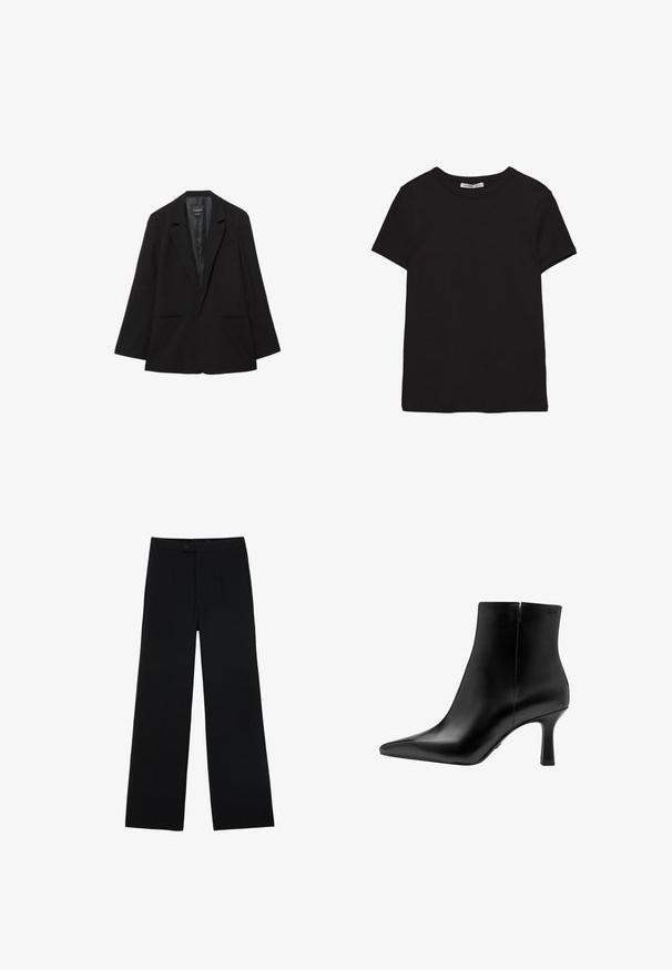 Schwarzer einreihiger Blazer mit Notch-Revers, zwei Vorderentaschen und einem glatten Satin-Innenfutter.; Schwarzes, kurzärmliges Baumwoll-T-Shirt mit rundem Halsausschnitt, Standardpassform und sichtbarem innerem Nackenetikett.; Schwarze weit geschnittene Hosen aus glattem Stoff, mit einem Frontknopfverschluss und zwei Falten für zusätzliche Details. Maßgeschneiderter Gesamteindruck.; Schwarze Leder-Stiefelette mit spitzer Zehe, hohem Stiletto-Absatz, glatter Textur und minimalistischem Design. Verfügt über einen Reißverschluss auf der Rückseite.