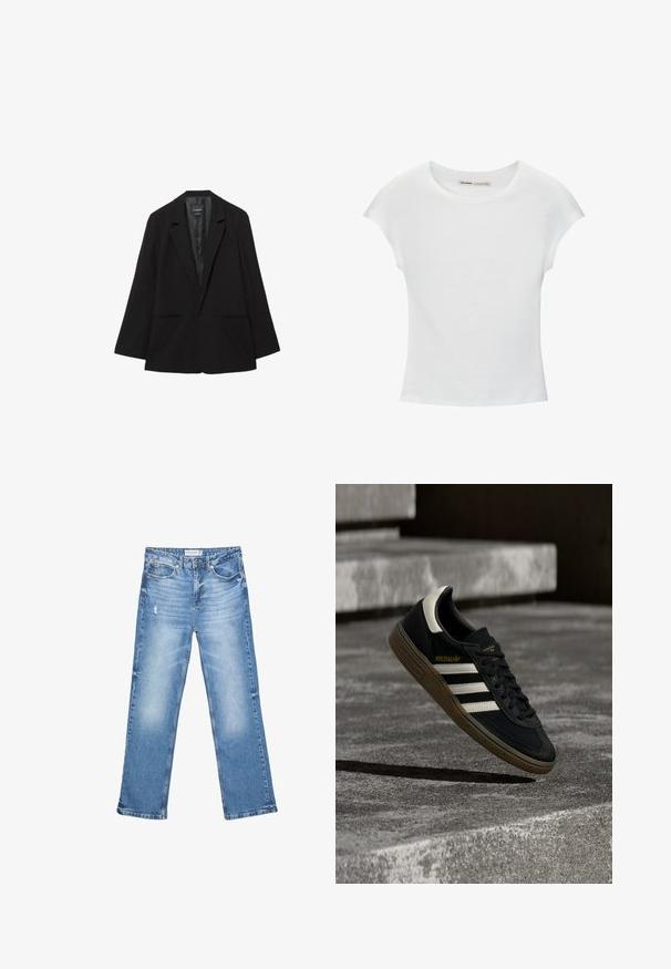 Zwarte single-breasted blazer met ingesneden revers, twee voorzakken en een gladde satijnen voering aan de binnenkant.; Witte katoenen T-shirt met korte, opgerolde mouwen, een ronde halslijn en een rechte zoom. Gladde textuur zonder zichtbare patronen of accenten.; Lichtblauwe denim jeans, recht model, vervaagde gebieden en subtiele slijtage. Voorzien van vijf zakken en een klassieke knoopsluiting.; Zwarte Adidas sneaker met witte strepen en gumzool die boven grijze betonnen trappen zweeft in natuurlijk licht.