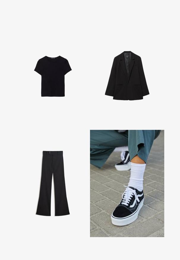 Blazer noir simple boutonnage avec revers crantés, deux poches avant et une doublure intérieure en satin lisse.; T-shirt en coton noir à manches courtes, col rond et design simple. Texture douce sans motifs ni accents visibles.; Pantalon noir taille haute à jambes larges avec une taille à double bouton et une fermeture éclair frontale, présenté à plat sur un fond blanc.; Baskets en suède noir avec des accents et des lacets blancs, présentant une épaisse semelle blanche et des coutures contrastantes, associées à une chaussette blanche.