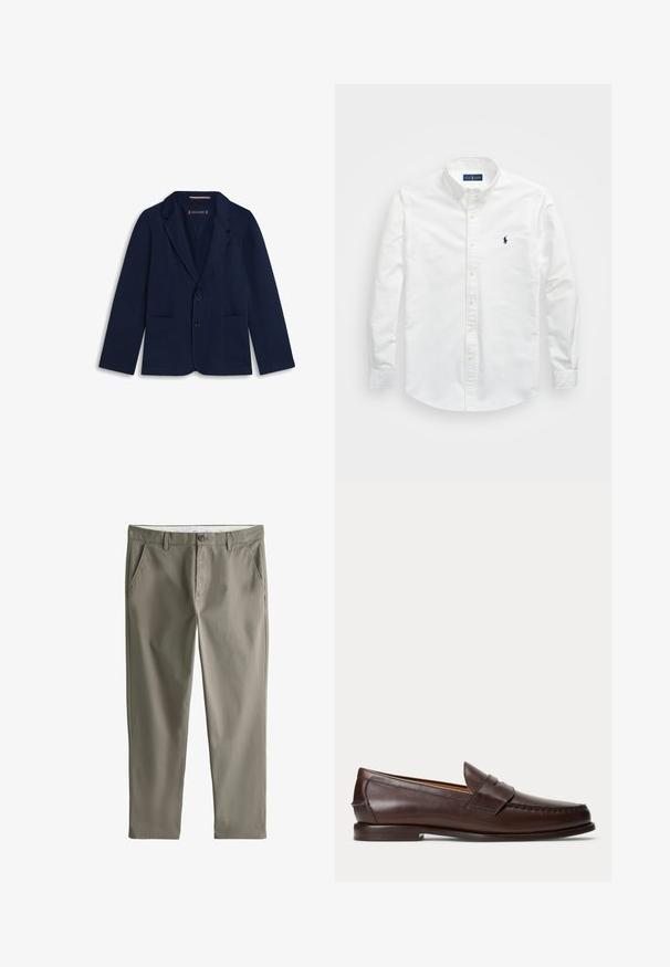 Marineblauer Herrenblazer mit zwei Fronttaschen, einer Brusttasche, Notch-Revers und Zweiknopfverschluss, flach auf weißem Hintergrund gelegt.; Weißes Button-Down-Hemd aus Baumwolle. Verfügt über einen spitzen Kragen, lange Ärmel und ein kleines marineblaues Logo auf der Brust. Glatte Textur.; Hellbraune Hose mit geradem Bein, Gürtelschlaufen, Knopf- und Reißverschluss vorne sowie schräge Seitentaschen.; Dunkelbrauner Leder-Pennyloafer mit Nahtdetails und niedrigem gestapeltem Absatz, seitlich auf einfachem Hintergrund gezeigt.