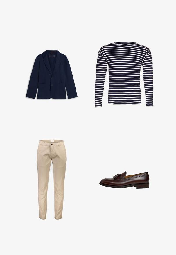 Marineblå herreblazer med to forlommer, en brystlomme, hakrevers og lukning med to knapper, lagt fladt på hvid baggrund.; Armor lux LOCTUDY MARINIÈRE - Langærmet T-shirt - navire/nature; Beige bomuldsbukser med lige ben, der har frontlommer, lynlås og en enkelt knaplukning. Glat tekstur, uden mønstre.; Mørkebrun læder loafer med dusk, lav hæl og syningsdetaljer langs siderne og toppen, vist fra ydersiden.