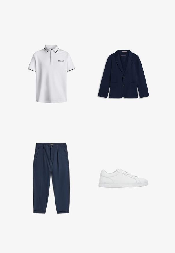 Blazer bleu marine pour homme avec deux poches avant, une poche poitrine, revers crantés et fermeture à deux boutons, posé à plat sur fond blanc.; Polo shirt blanc avec un col classique, des manches courtes, mettant en avant des accents noirs sur les manches et le logo "Red Bull Racing" sur la poitrine.; Pantalon bleu marine droit avec poches avant, fermeture par boutons et passants de ceinture, posé à plat sur fond blanc.; Baskets basses en cuir blanc avec lacets blancs, détails cousus et semelle en caoutchouc plate, vues de côté sur un fond uni.
