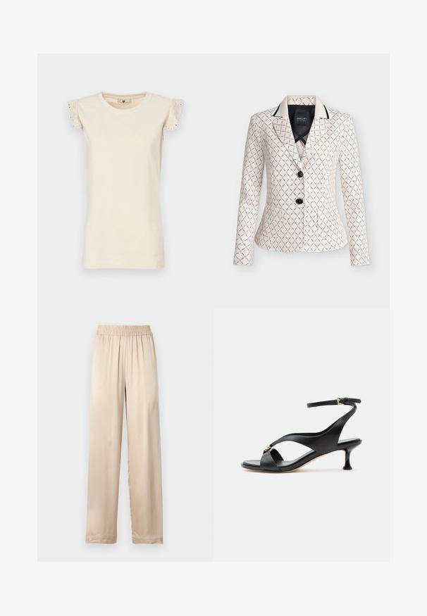Blazer crème avec motif chaîne géométrique noire, boutons noirs, col à revers cranté et deux poches avant.; TWINSET Blouse - almond beige/dark almond beige; Pantalon beige coupe ample avec taille élastiquée et jambes droites, en tissu lisse et léger.; Sandale noire en cuir pour femme avec un petit talon courbé, des lanières croisées et une bride de cheville réglable avec une petite boucle dorée.