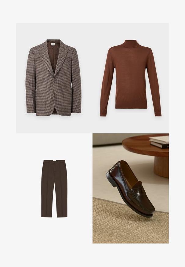 Brun og beige houndstooth-mønstret herreblazer med hakket revers, to-knaps lukning og brun indvendig foer.; Brun turtleneck sweater lavet af blødt, letvægtsmateriale med lange ærmer, ribbede manchetter og en tætsiddende design.; Brune skræddersyede bukser med lige ben, bæltestropper, forlommer, knaplukning foran og lynlås.; Brune læder loafers med en blank overflade, der har en syet detalje over fronten og en lavprofil sort gummisål.