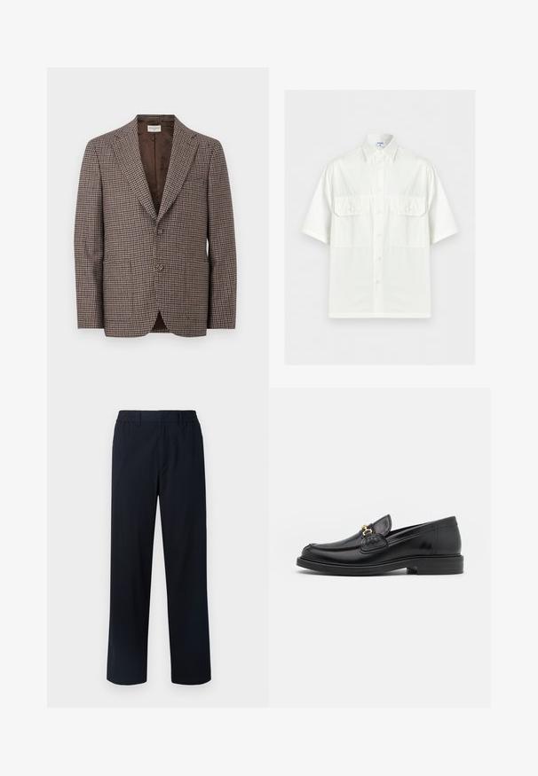 Blazer pour homme à motif pied-de-poule marron et beige avec col cranté, fermeture à deux boutons et doublure intérieure marron.; Chemise blanche à manches courtes avec col et deux poches à rabat sur le devant, présentée sur un fond clair uni.; Pantalons navy avec une taille élastique, coupe droite, tissu texturé et sans poches ni embellissements visibles.; Mocassins en cuir noir avec un embout rond, présentant des accents en métal doré et des détails de couture, montés sur une semelle en caoutchouc texturé et basse.