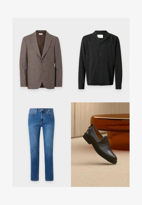 Brun og beige houndstooth-mønstret herreblazer med hakket revers, to-knaps lukning og brun indvendig foer.; Sort langærmet skjorte med knapper og et subtilt paisleymønster samt en krave, mærket Les Deux inde i halsudskæringen.; Blå denimjeans med lige ben, fem-lommestil og en knappet talje. Inkluderer syningsdetaljer langs sømmene.; Sort læderloafer med lav hæl svævende over beige tæppe ved siden af et blankt ravfarvet bord i et minimalistisk rum.