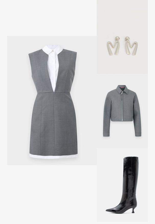 Veste courte grise à manches longues, col pointu et fermeture éclair centrale argentée sur fond blanc uni.; Robe grise sans manches, cintrée, avec un décolleté en V profond, superposée à une chemise blanche à col boutonnée, longueur genou, taille ajustée.; Bottes en cuir noir, montantes jusqu'au genou, avec une finition brillante, un bout pointu et un petit talon carré. Texture lisse, détails de couture minimalistes.; Paire de boucles d'oreilles en métal argenté en forme de lettre M angulaire avec des tiges arrondies sur fond blanc.