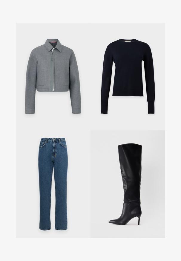 Grå kort jakke med lange ærmer, spids krave og central sølvlynlås på ensartet hvid baggrund.; Sort langærmet crew neck sweater med ribbet manchetter og kant, vist på en ensartet lysegrå baggrund.; Højtaljede straight-leg jeans i mørkeblå denim. Har en knap- og lynlåslynlås, fem lommer og en let falmet tekstur.; Sorte læderstøvler over knæet med spids tå, stiletthæl og et slankt design med en logoaccent ved anklen.