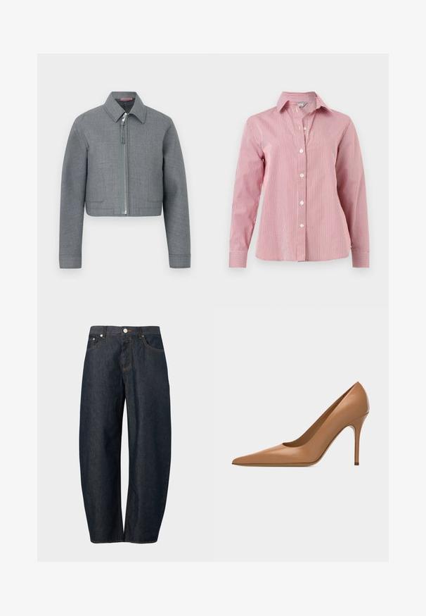 Veste courte grise à manches longues, col pointu et fermeture éclair centrale argentée sur fond blanc uni.; Chemise à manches longues à rayures verticales rouges et blanches, boutonnée, avec col et poignets, présentée à plat sur un fond blanc.; Jean en denim bleu foncé à jambes larges avec bouton frontal, fermeture éclair et poches sur un fond uni.; Escarpin en cuir beige à bout pointu avec un talon aiguille fin et une finition lisse sur un fond clair uni.