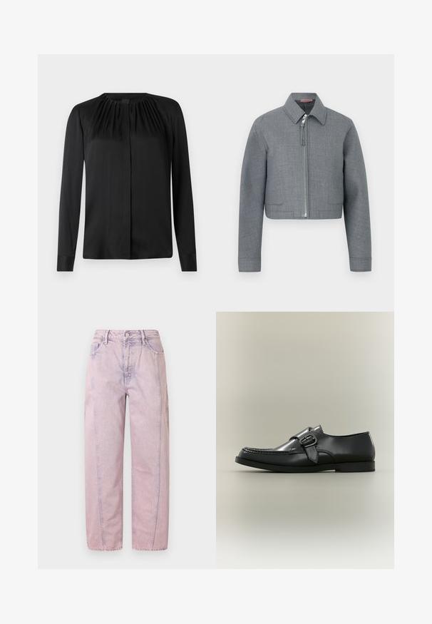 Chaqueta gris recortada con mangas largas, cuello puntiagudo y cremallera central plateada sobre fondo blanco liso.; Blusa negra de manga larga hecha de una tela suave con cuello redondo y sutiles fruncidos en los hombros. Presenta un corte recto y un cierre de botones en la parte delantera.; Vaqueros de mezclilla lavanda de tiro alto y pernera recta, con bolsillos delanteros y traseros, trabillas para cinturón y cierre de botón.; Zapato de vestir de cuero negro con hebilla lateral y detalles de costura, mostrado de perfil sobre un fondo neutro.
