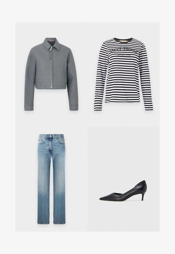 Grijze cropped jas met lange mouwen, puntige kraag en centrale zilveren ritssluiting op een effen witte achtergrond.; Zwart-wit gestreept shirt met lange mouwen en horizontale strepen, met de tekst "SAINT TROPEZ" en "MICHAEL KORS" op de voorkant, ronde halslijn.; Lichtblauwe rechte spijkerbroek van denim, met subtiele vervaging, klassiek vijf-pocket ontwerp en een metalen knoopsluiting in de taille.; Zwarte leren pump met een puntige neus en lage hak. Heeft een gladde textuur en een subtiele glans. Open uitsparing aan de voorkant voor extra detail.
