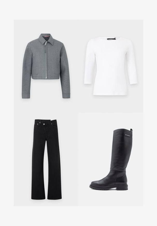 Veste courte grise à manches longues, col pointu et fermeture éclair centrale argentée sur fond blanc uni.; Chemise blanche à manches longues, ajustée avec un col rond, étiquette de marque noire visible au niveau du col sur un fond uni.; Jean noir taille haute à jambes larges, avec fermeture avant par boutons et fermeture éclair, poches latérales et passants pour ceinture, présenté à plat sur fond blanc.; Botte noire en cuir haut avec un petit talon carré, semelle crantée et une petite étiquette rectangulaire près du haut affichant le nom de la marque.