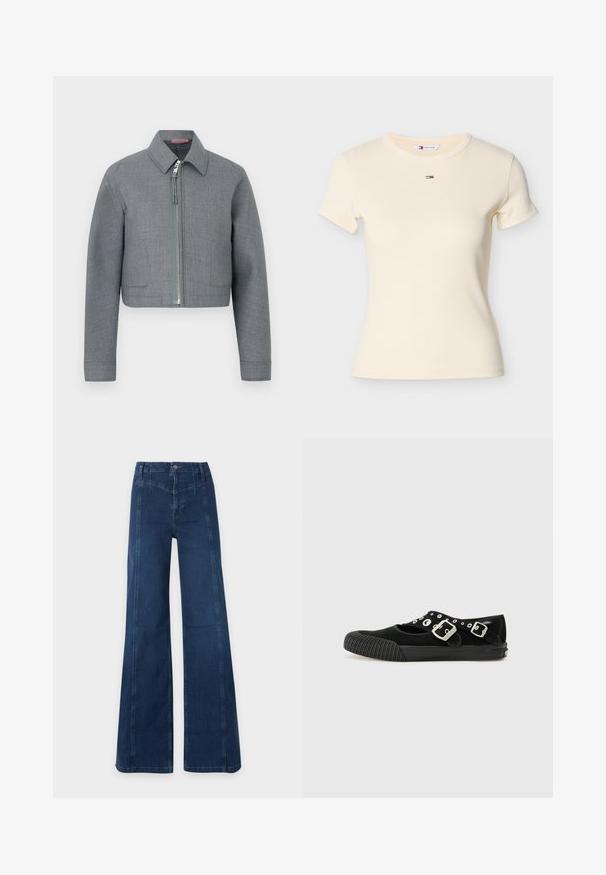 Grå kort jakke med lange ærmer, spids krave og central sølvlynlås på ensartet hvid baggrund.; Lysegul ribbet T-shirt med korte ærmer, rund halsudskæring og et lille broderet logo med røde, hvide og blå striber på brystet.; Mørkeblå højtaljede vidde jeans med synlige syninger og forreste knaplukning på lys ens baggrund.; Vans MARY JANE - Ballerinasko - black