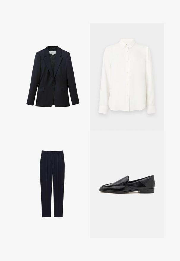 Marineblå skræddersyet blazer med enkelt knaplukning, hakkede revers, forlommer med klap og brystlomme med paspol, designet af Reiss.; Hvid langærmet skjorte med krave og manchetter, enkel og stilren design, præsenteret på en hvid baggrund.; Sorte skræddersyede bukser med bæltestropper og en slank, lige ben pasform mod en hvid baggrund.; Sorte læder loafers med en glat overflade, der har en syet detalje langs forkanten og en lav, firkantet hæl.