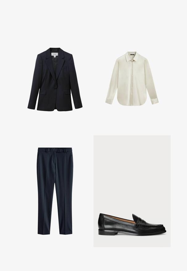 Marineblauwe getailleerde blazer met een enkele knoopsluiting, notched revers, voorvakken met klep en een borstpaspelzak, ontworpen door Reiss.; Crèmekleurig overhemd met lange mouwen, knoopsluiting, spitse kraag en afgeronde zoom, getoond tegen een witte achtergrond.; Marineblauwe broek van gladde stof met een rechte snit, voorzien van een tailleband met riemlussen en zijzakken.; Lauren Ralph Lauren WYNNIE - Instappers - black