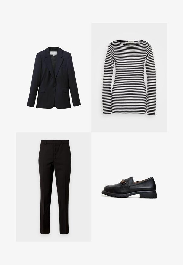 Marineblå skræddersyet blazer med enkelt knaplukning, hakkede revers, forlommer med klap og brystlomme med paspol, designet af Reiss.; Langærmet top i bomuld med vandrette marineblå og hvide striber, rund hals, slank pasform, med en glat tekstur og minimalistisk design.; Sorte skræddersyede bukser med lige ben-design, lavet af glat stof, med flad front og bæltestropper. Ingen synlige mønstre eller accenter.; Sort læder loafersko med rund tå, dekorativt guldsmykke og en robust gummisål med et struktureret grebmønster.