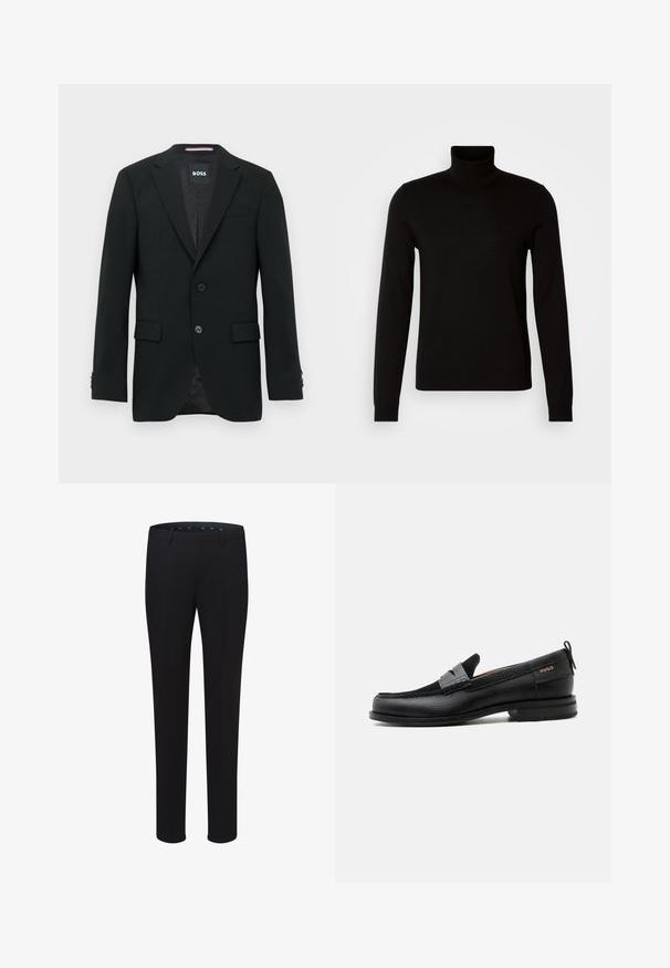 Schwarzer maßgeschneiderter Blazer mit zwei Knöpfen, Revers mit Kerbkragen und Pattentaschen. Gefüttertes Innenfutter mit einem dezenten Strukturmuster. Markenlabel: BOSS.; Schwarzer Rollkragenpullover aus feiner Strickware, mit langen Ärmeln und taillierter Silhouette. Glatte Textur mit gerippten Bündchen.; Schwarze maßgeschneiderte Hosen mit glatter Textur, geradem Bein und Gürtelschlaufen. Sie zeichnen sich durch einen klassischen Schnitt aus und haben keine sichtbaren Muster oder Akzente.; Schwarzer Lederloafer mit grauem Riemendetail, niedrigem Absatz und strukturierter Sohle, seitlich mit „HUGO“ in Gold gebrandmarkt.