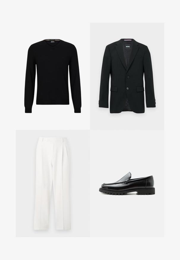 Schwarzer maßgeschneiderter Blazer mit zwei Knöpfen, Revers mit Kerbkragen und Pattentaschen. Gefüttertes Innenfutter mit einem dezenten Strukturmuster. Markenlabel: BOSS.; Schwarzer Strickpullover mit langen Ärmeln und V-Ausschnitt. Verfügt über ein dezentes Logo auf der Vorderseite sowie gerippte Bündchen und Saum. Angenehme, glatte Textur.; Weisse, maßgeschneiderte Hose mit geradem Bein, mit Falten, flachem Front und glatter Stoffstruktur. Keine sichtbaren Taschen oder Akzente.; Schwarzer Lederloafer mit grober Gummisohle, genähter Oberseite und geprägtem Markennamen an der Ferse, seitlich auf weißem Hintergrund gezeigt.