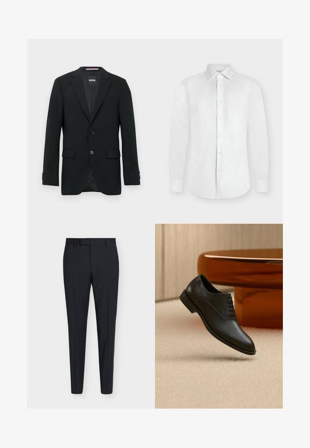 Blazer noir ajusté avec deux boutons, cols crantés et poches à rabat. Intérieur doublé avec un motif texturé subtile. Étiquette de la marque : BOSS.; Chemise blanche à manches longues avec boutons, col pointu et poignets boutonnés, présentée à plat sur un fond gris clair.; Pantalon formel noir slim fit avec passants de ceinture, fermeture éclair à l'avant et plis marqués, présenté sur un fond clair uni.; Chaussure de costume en cuir noir poli à lacets flottant au-dessus d’un tapis beige, avec une grande table ronde en verre de couleur ambre en arrière-plan.
